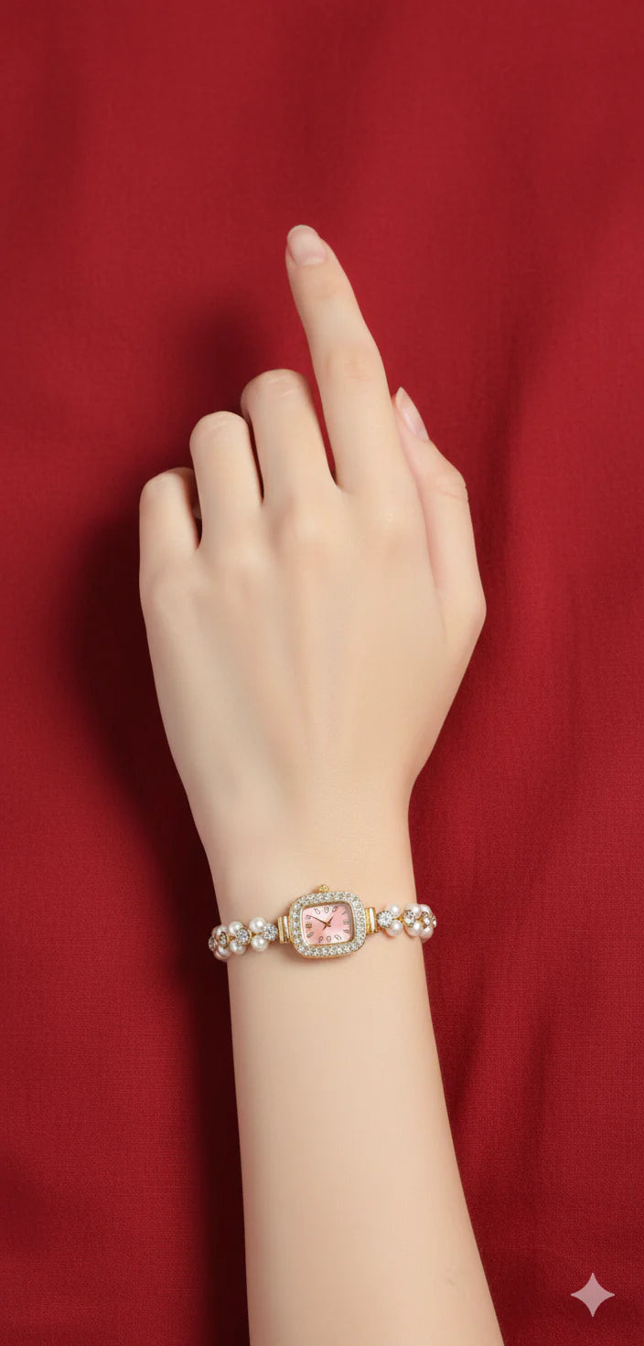Montre Femme Élégante Rose Dorée avec Bracelet de Perles et Strass – Style Luxe & Chic Tunisie