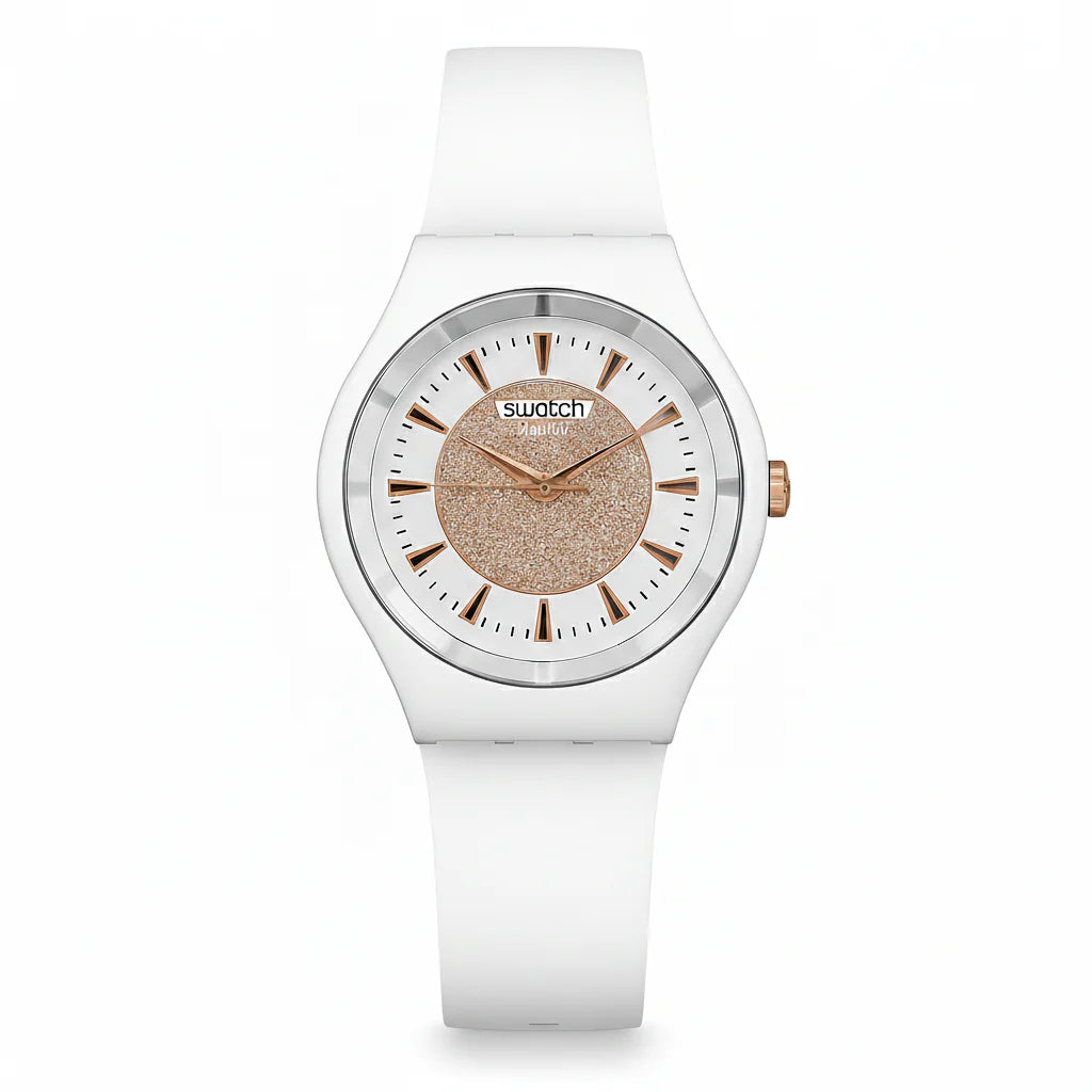 Swatch Femme Blanche Quartz Swiss – Design Élégant Blanc & Beige Doré | Résistante à l’eau