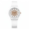Swatch Femme Blanche Quartz Swiss – Design Élégant Blanc & Beige Doré | Résistante à l’eau
