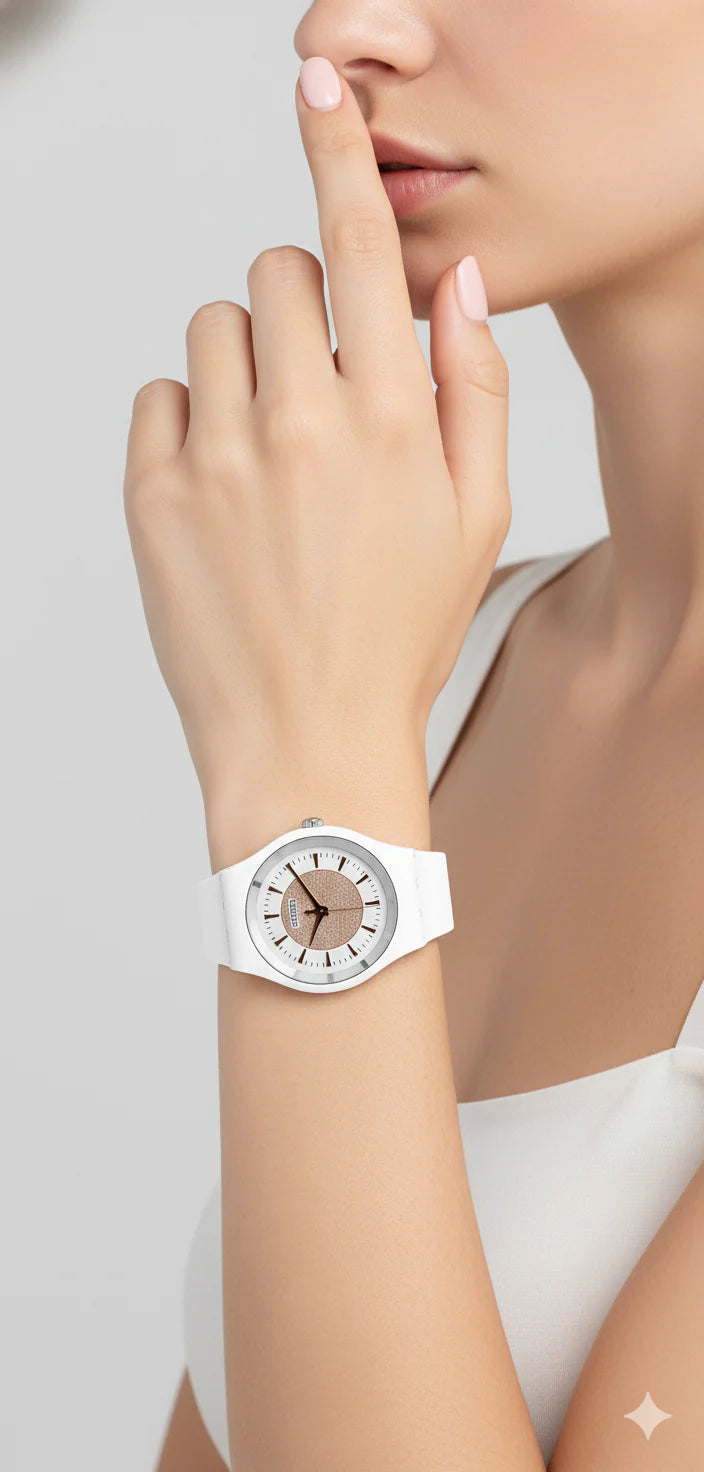 Swatch Femme Blanche Quartz Swiss – Design Élégant Blanc & Beige Doré | Résistante à l’eau