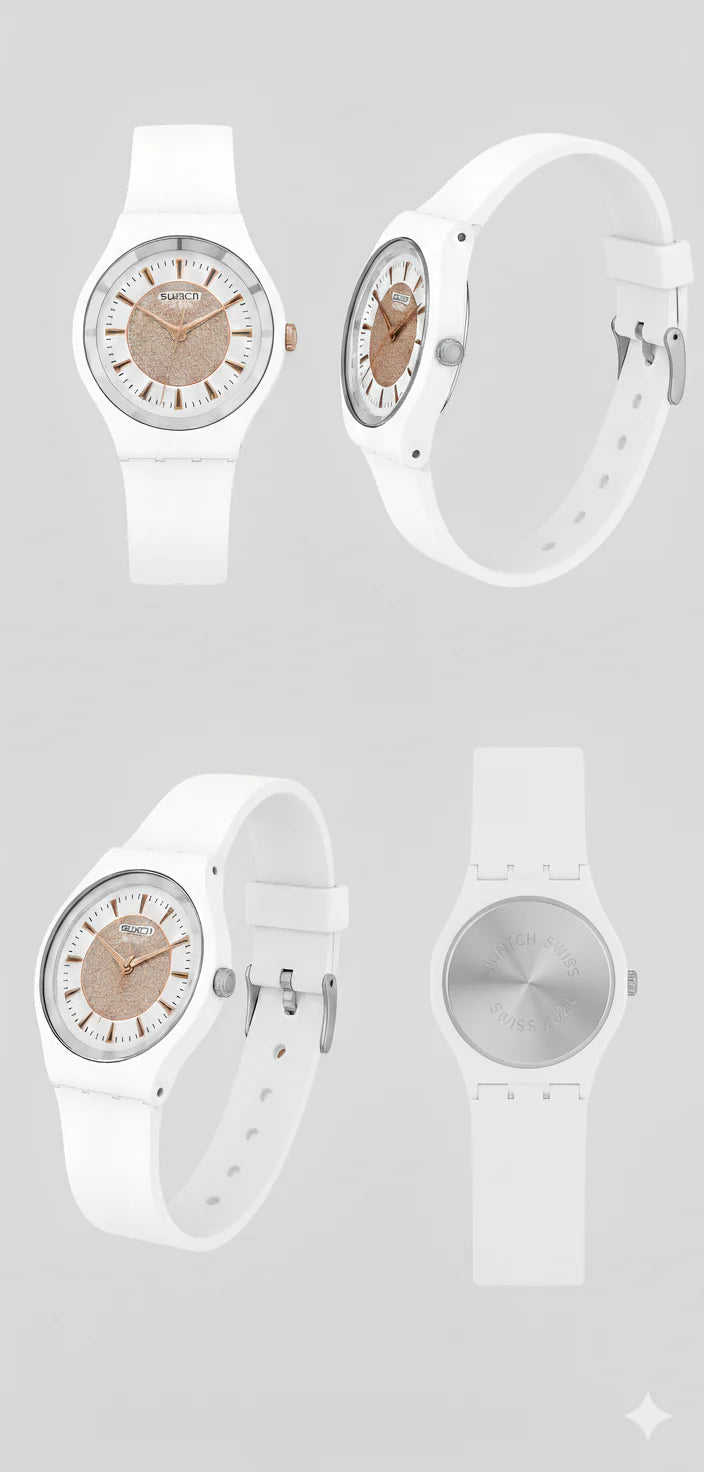 Swatch Femme Blanche Quartz Swiss – Design Élégant Blanc & Beige Doré | Résistante à l’eau